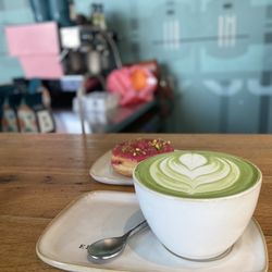 Elixr Coffee - Matcha and raspberry pistachio donut
