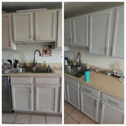 Andy Piotrowski - Kitchen cabinets. On left before on the right after. Frames painted at customer house. Doors and draws sprayed in my garage