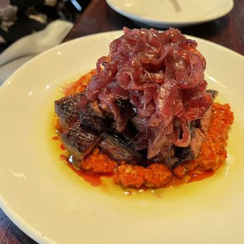 Casa Mono - Skirt steak with romesco and onion mermelada - Spanish Near Me - New York, New York Casa Mono - Skirt steak with romesco and onion mermelada - Spanish Near Me - New York, New York