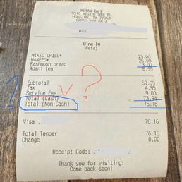 $9 SERVICE FEE, 3% SERVICE CHARGE, BREAD $3 VS $2 IN THE MENU. $9 SERVICE FEE, 3% SERVICE CHARGE, BREAD $3 VS $2 IN THE MENU.