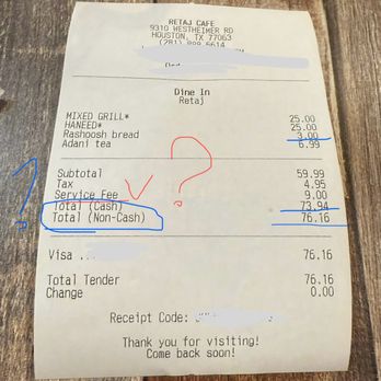 Retaj Restaurant - $9 SERVICE FEE, 3% SERVICE CHARGE, BREAD $3 VS $2 IN THE MENU. - Arabic Near Me - Houston, Texas Retaj Restaurant - $9 SERVICE FEE, 3% SERVICE CHARGE, BREAD $3 VS $2 IN THE MENU. - Arabic Near Me - Houston, Texas
