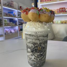 Black sesame milk tea and fruity pebble mochi donut