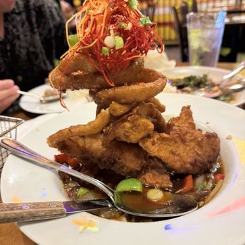 Koon Thai Kitchen - ((E6) Pla Sahm Rod fish fillet. Impressive presentation of a 'flying fish'! Crispy fish fillet sitting on a bed of sweet tangy sauce. - Thai Near Me - San Diego, California