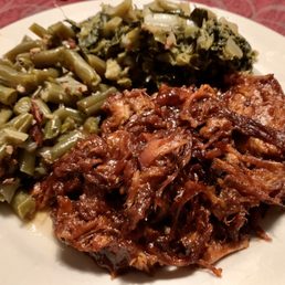 Pulled Pork Platter with Green Beans and Collard Greens Pulled Pork Platter with Green Beans and Collard Greens
