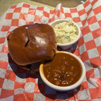 Bone Daddy's - Brisket sandwich, potato salad and beans. Really good! - Barbeque Near Me - Arlington, Texas Bone Daddy's - Brisket sandwich, potato salad and beans. Really good! - Barbeque Near Me - Arlington, Texas