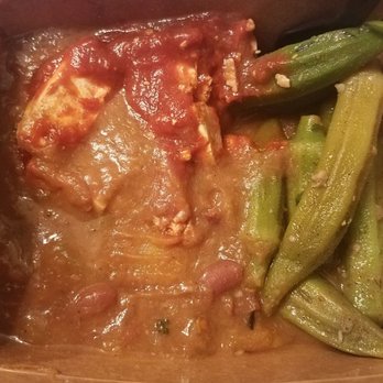 Fire & Spice Vegan Restaurant - Top left is BBQ Tofu, bottom left is Itel Stew, right is Okra and Tomatoes - Vegetarian Near Me - Hartford, Connecticut