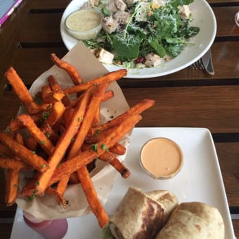 Del Frisco's Grille - Kale and Brussel Sprouts salad and Chicken avocado wrap with sweet potato fries - Steakhouses Near Me - Plano, Texas