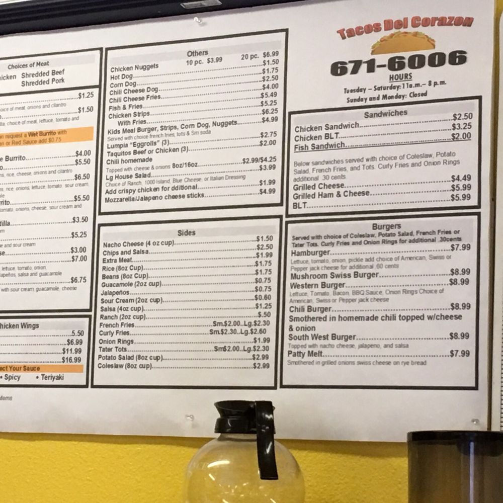 Tacos Del Corazon - Menu. - Mexican Near Me - Silver Springs, Nevada
