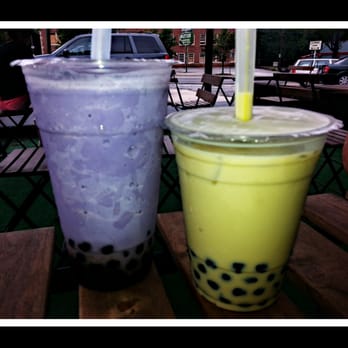 Honey Bubble - Taro slushie  to the left,  Pistachio flavored Jasmine tea to the right; - from Honey Bubble. - Bubble Tea Near Me - Atlanta, Georgia
