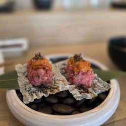 Negitoro, uni, caviar on rice paper and seaweed fritter