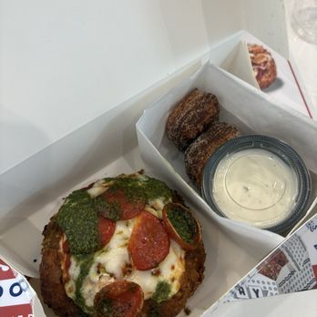 Parlor Doughnuts - Doughnut combo - OG pepperoni doughnut, side of ranch and 3 mini cinnamon sugar doughnuts - Bakeries Near Me - Houston, Texas Parlor Doughnuts - Doughnut combo - OG pepperoni doughnut, side of ranch and 3 mini cinnamon sugar doughnuts - Bakeries Near Me - Houston, Texas