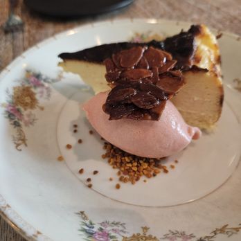Vicia - Basque cheesecake served with rhubard sorbet - New American Near Me - St. Louis, Missouri Vicia - Basque cheesecake served with rhubard sorbet - New American Near Me - St. Louis, Missouri