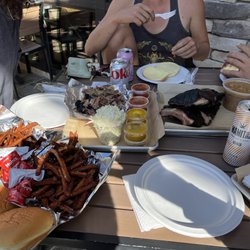 Smoked Kitchen and Tap - Ribs, pulled pork, sweet potato fries, lots of beans, lots of sauces, rolls, slaw