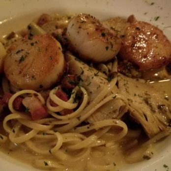 Frankie's The Steakhouse - Seared giant sea scallops over Linguine with pancetta and hearts of artichoke. - Steakhouses Near Me - Duluth, Georgia