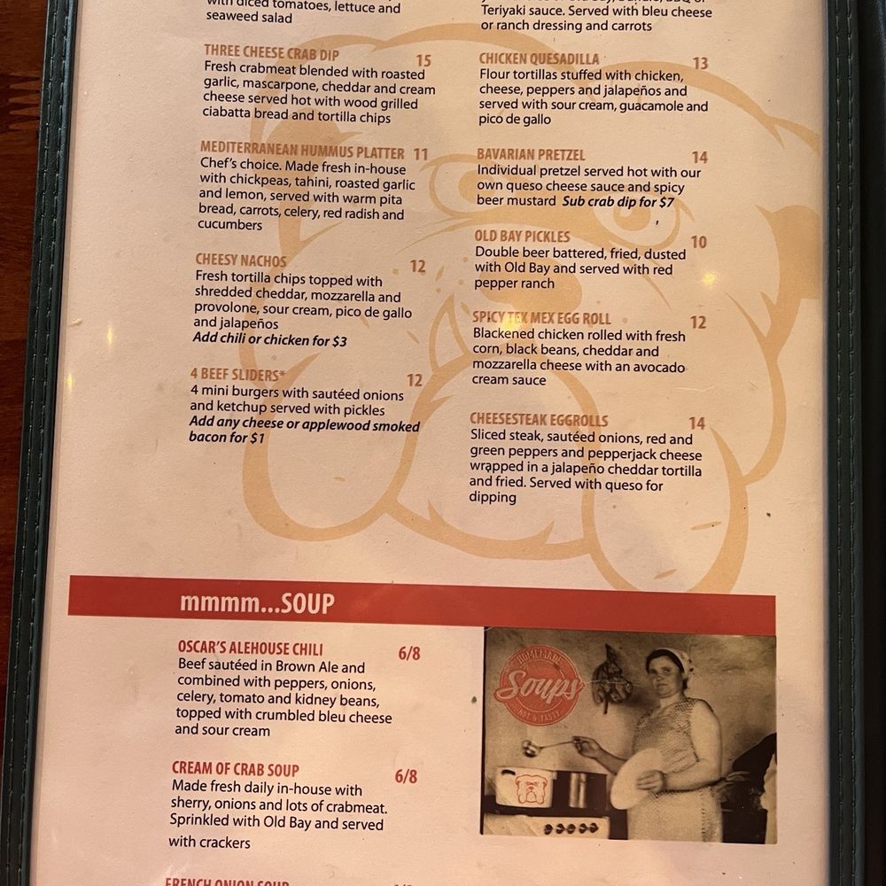 Oscar’s Alehouse - Daily menu of appetizers and soup. - Bars Near Me - Woodstock, Maryland Oscar’s Alehouse - Daily menu of appetizers and soup. - Bars Near Me - Woodstock, Maryland