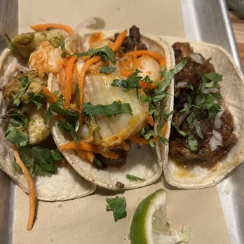 Bartaco Mosaic - L to R: Chile Lime Shrimp, sesame beef, and Roasted Duck Tacos - Tacos Near Me - Fairfax, Virginia
