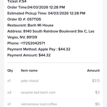 Banh Mi House - Receipt - Vietnamese Near Me - Las Vegas, Nevada