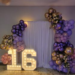JenRoc Creations - Sweet 16 Balloon backdrop setup with light up marquee numbers!