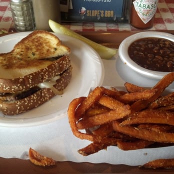 McDaniel's QN2 BBQ - Brisket Melt with sweet potato fries & baked beans - Barbeque Near Me - Atlanta, Georgia McDaniel's QN2 BBQ - Brisket Melt with sweet potato fries & baked beans - Barbeque Near Me - Atlanta, Georgia