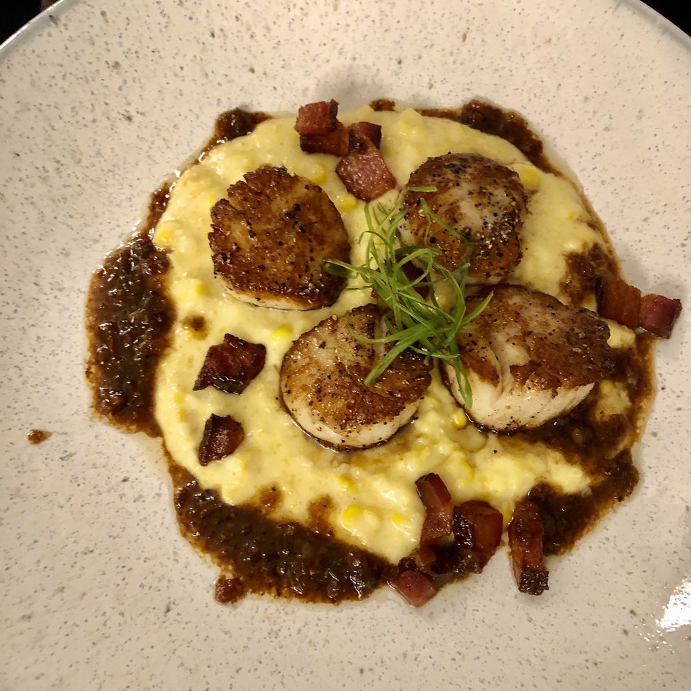 Blind Salamander Kitchen & Bar - Scallops in a sweet corn grits and bacon jam - New American Near Me - Austin, Texas Blind Salamander Kitchen & Bar - Scallops in a sweet corn grits and bacon jam - New American Near Me - Austin, Texas
