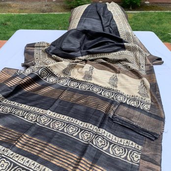 Tjee Exclusives - Printed tussar silk with zari border and pallu. - Pop-up Shops Near Me Tjee Exclusives - Printed tussar silk with zari border and pallu. - Pop-up Shops Near Me