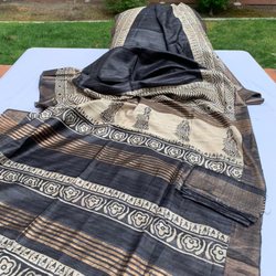 Tjee Exclusives - Printed tussar silk with zari border and pallu.