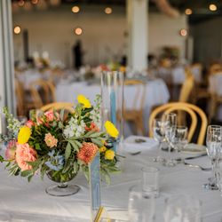 Petals & Roots - compote vase centerpiece with taper candles