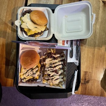 Burger 3000 - Double Oklahoma Wagyu Single Oklahoma Wagyu Chopped Cheese Fries with Beef Bacon - Burgers Near Me - Chatsworth, California