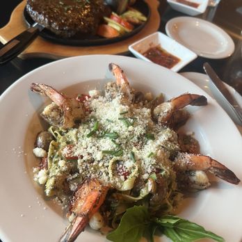 Cioppino House - Pesto pasta with tiger prawns + rib eye - Seafood Near Me - Pleasant Hill, Oregon Cioppino House - Pesto pasta with tiger prawns + rib eye - Seafood Near Me - Pleasant Hill, Oregon