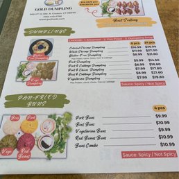 Menu from Gold Dumpling in Groton, CT, displaying various dumplings and buns with prices for different quantities.