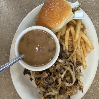 Thomas Restaurant - Hamburger steak with fries and pinto beans - American Near Me - Pryor, Oklahoma Thomas Restaurant - Hamburger steak with fries and pinto beans - American Near Me - Pryor, Oklahoma