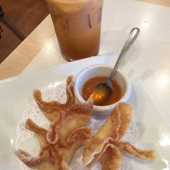 S Thai Food - Crab Wontons with a light sweet sauce. The wontons are super light and crispy, with Thai ice tea, yum. - Thai Near Me - Temecula, California