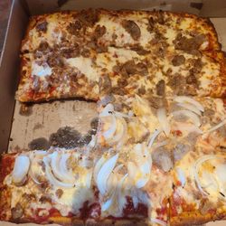 All sausage but half pie onions. Granddaughter does not care for onions yet. Give her time