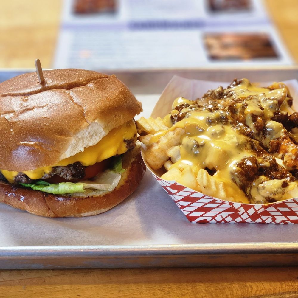 Beef angus cheeseburger with chilli cheese fries