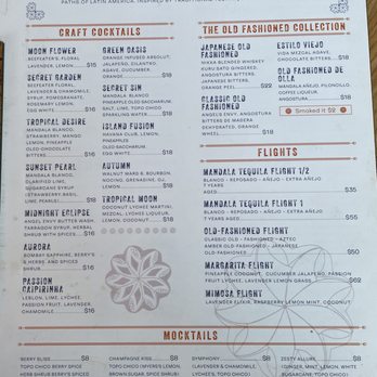 Mandala Cantina - Cocktails, Flights, and Mocktails menu, as of our 7/28/24 visit. - Latin American Near Me - Downey, California Mandala Cantina - Cocktails, Flights, and Mocktails menu, as of our 7/28/24 visit. - Latin American Near Me - Downey, California
