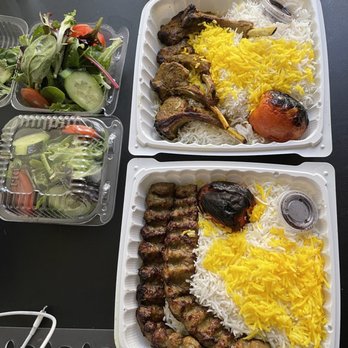 Daryoush - Shishlik Special (lamb chops) on top; Koobideh Kabob on bottom; both come with salads - Persian/Iranian Near Me - Walnut Creek, California Daryoush - Shishlik Special (lamb chops) on top; Koobideh Kabob on bottom; both come with salads - Persian/Iranian Near Me - Walnut Creek, California