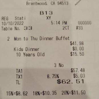 Lone Tree Buffet - Our check - Buffets Near Me - Brentwood, California