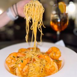 Toscana on Main - My favorite dish so far is Shrimp Scampi at Toscana on Main for Dinner with a Aperol Spritz