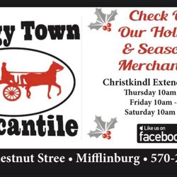 Buggy Town Mercantile - 2019 Christkindl extended hours: Thu 12/12/19 10am to 9pm, Fri 12/13/19 10am to 9pm, and Sat 12/14/19 10am to 8pm