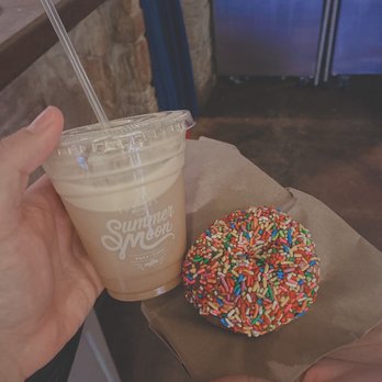 Summer Moon Coffee - Nitro Cold Brew with Half serving of Moon Milk and Vegan Sprinkled Donut - Coffee & Tea Near Me - Austin, Texas Summer Moon Coffee - Nitro Cold Brew with Half serving of Moon Milk and Vegan Sprinkled Donut - Coffee & Tea Near Me - Austin, Texas