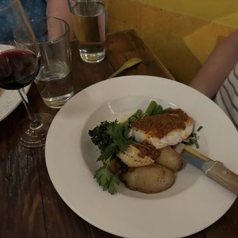 Fountain Cafe - Halibut, broccolini, fingerling potatoes. - New American Near Me - Port Townsend, Washington Fountain Cafe - Halibut, broccolini, fingerling potatoes. - New American Near Me - Port Townsend, Washington