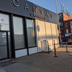 Canvas Cannabis - Outside from the sidewalk on Eaton looking at the store's either windows or exit door or both. Nov 2020