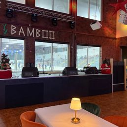 Photo of the stage with hockey rink behind it. Photo of the stage with hockey rink behind it.