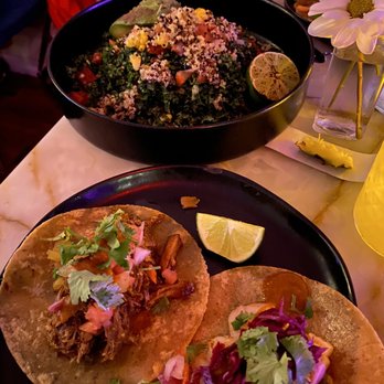 Carla - Quinoa salad (back), Al pastor taco, and shrimp taco - Tacos Near Me - Long Island City, New York Carla - Quinoa salad (back), Al pastor taco, and shrimp taco - Tacos Near Me - Long Island City, New York