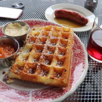 The Publican - Belgian waffle with peach jam & sausage - New American Near Me - Chicago, Illinois