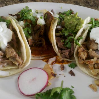 El Cantarito - 101511:  tacos (L to R):  pork, goat, beef, chicken... - Mexican Near Me - Placentia, California