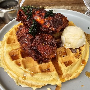 FIVE on the Hill - Cayenne Chicken and Waffles - each element seasoned & cooked perfectly - Cocktail Bars Near Me - Universal City, California FIVE on the Hill - Cayenne Chicken and Waffles - each element seasoned & cooked perfectly - Cocktail Bars Near Me - Universal City, California