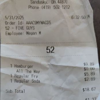 Five Guys - 2025 receipt - Burgers Near Me - Sandusky, Ohio