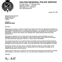 Ron Beer Family Self Defense Centre - Another letter form a Police Service