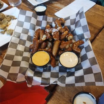 Rail Craft Kitchen & Bar - Hand-Cut Pretzel Bites with Pepper Jack Cheese Sauce and Buffalo Ranch dip - Bars Near Me - Dublin, Ohio Rail Craft Kitchen & Bar - Hand-Cut Pretzel Bites with Pepper Jack Cheese Sauce and Buffalo Ranch dip - Bars Near Me - Dublin, Ohio